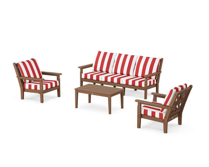 POLYWOOD® Chippendale 4-Piece Deep Seating Set with Sofa in Teak / Cabana Stripe Crimson