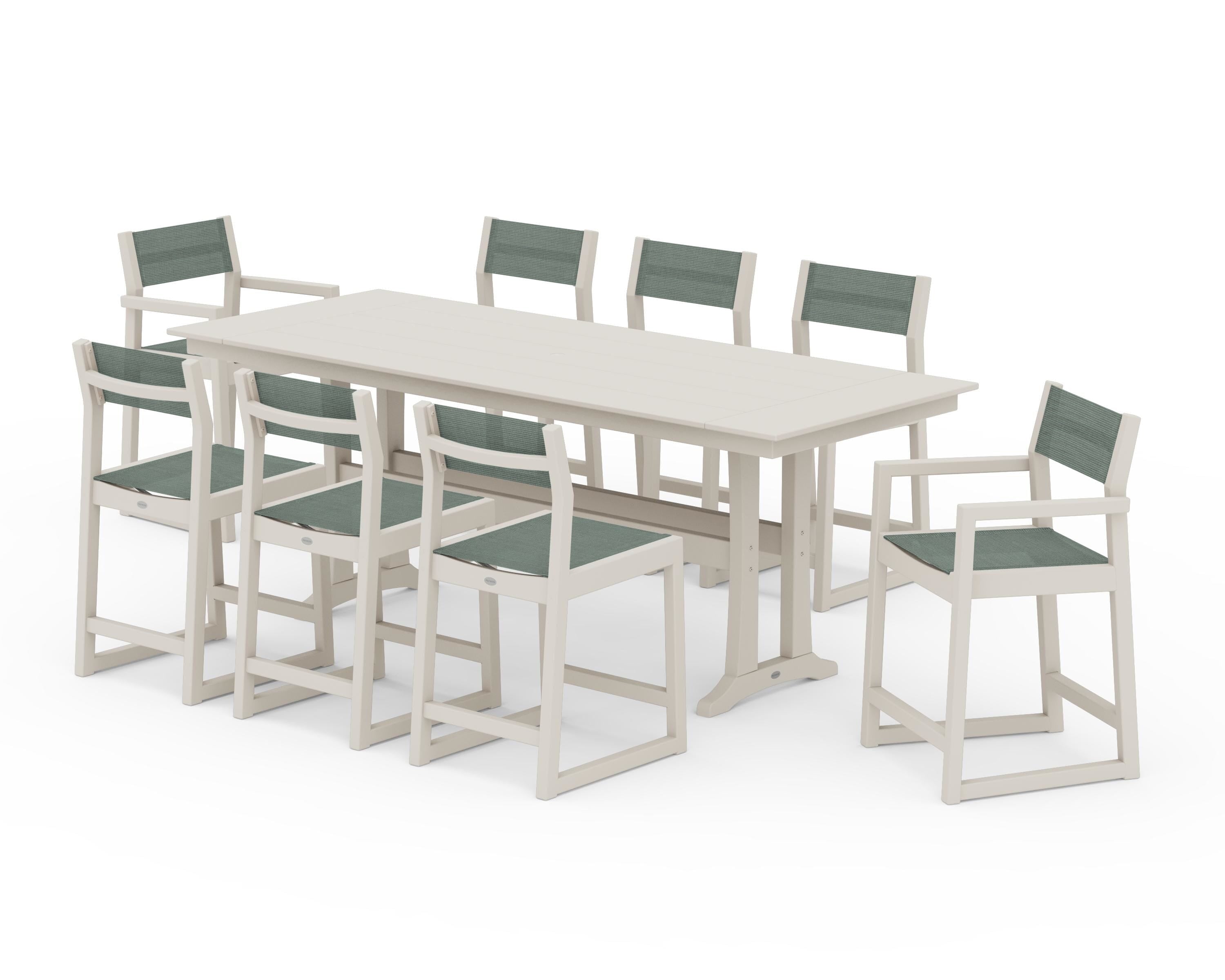 POLYWOOD® EDGE Sling 9-Piece Farmhouse Counter Set with Trestle Legs in Sand / Dupioni Sea Mist Sling