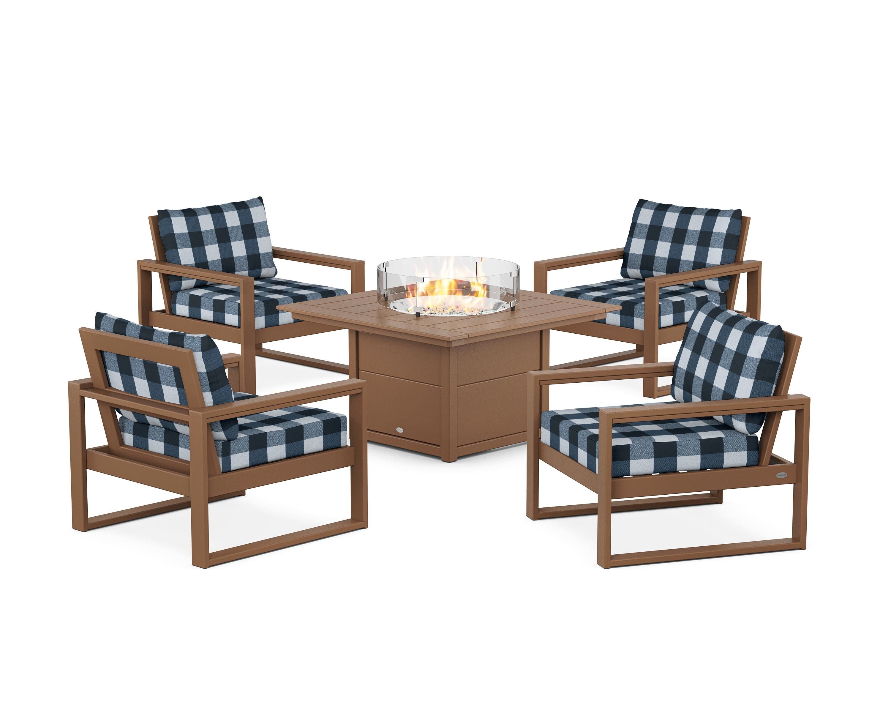 POLYWOOD® EDGE Sectional 5-Piece Deep Seating Set with Fire Pit Table in Teak / Buffalo Plaid Marine Indigo