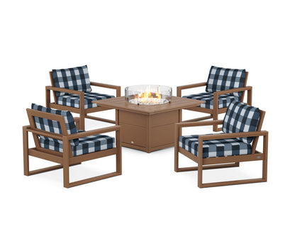POLYWOOD® EDGE Sectional 5-Piece Deep Seating Set with Fire Pit Table in Teak / Buffalo Plaid Marine Indigo