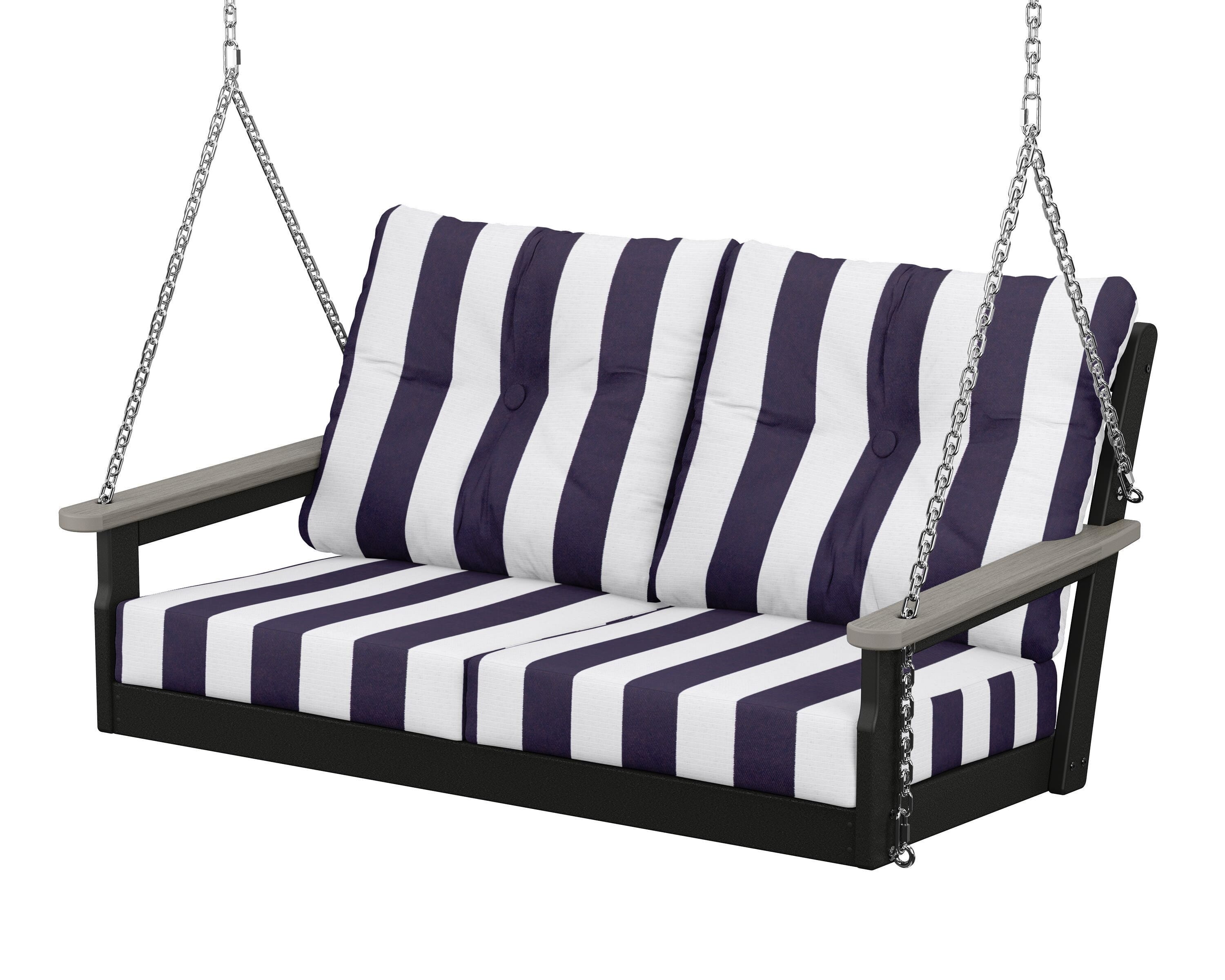 POLYWOOD® Vineyard Deep Seating Swing in Black / Driftwood / Cabana Stripe Navy