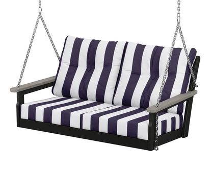 POLYWOOD® Vineyard Deep Seating Swing in Black / Driftwood / Cabana Stripe Navy