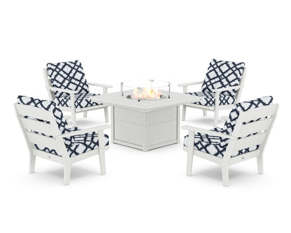 POLYWOOD® Lakeside 5-Piece Deep Seating Set with Nautical Fire Pit Table in White / Trellis Marine Indigo