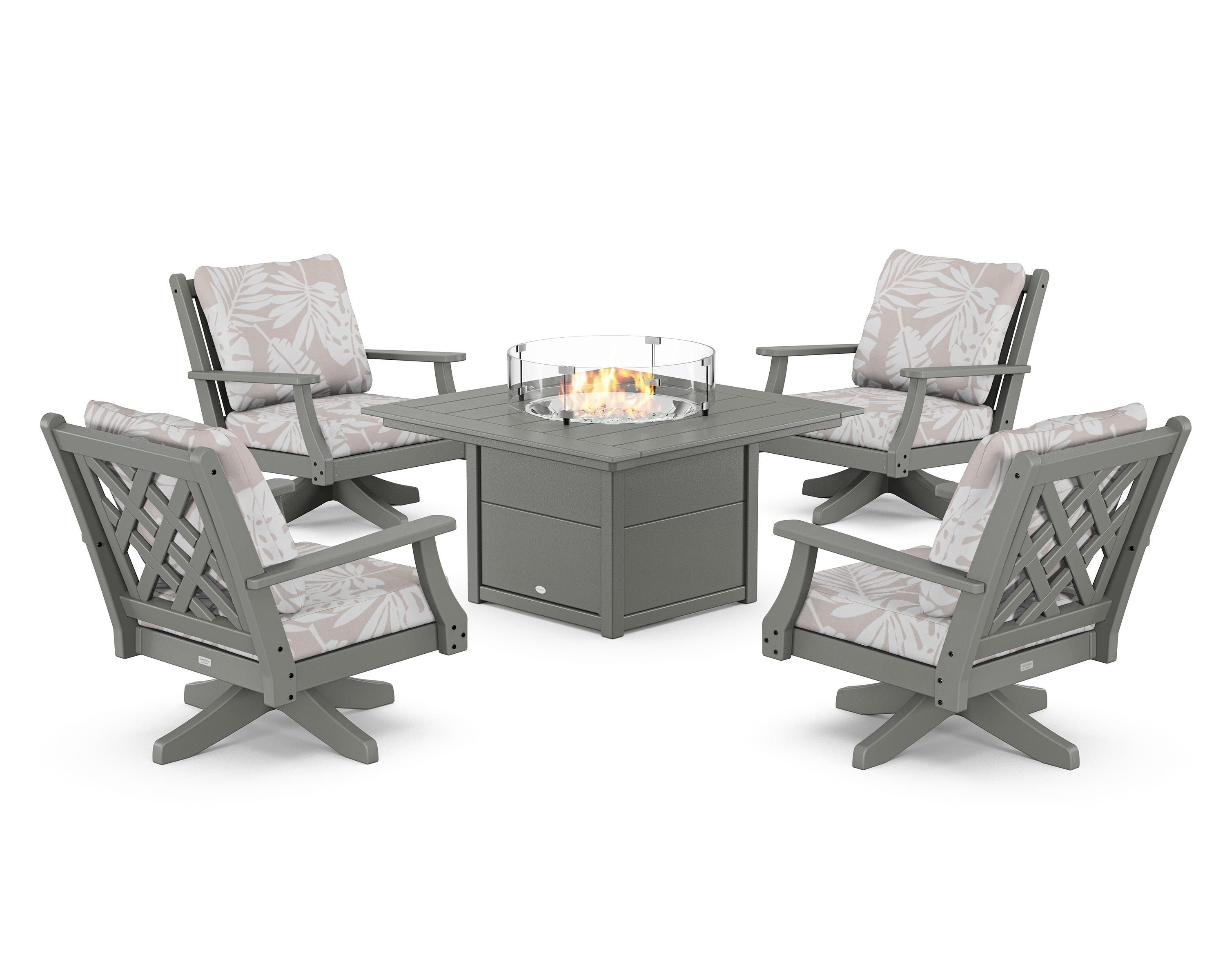 Country Living Wovendale 5-Piece Deep Seating Swivel Conversation Set with Fire Pit Table in Slate Grey / Leaf Dune Burlap