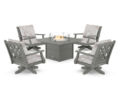 Country Living Wovendale 5-Piece Deep Seating Swivel Conversation Set with Fire Pit Table in Slate Grey / Leaf Dune Burlap