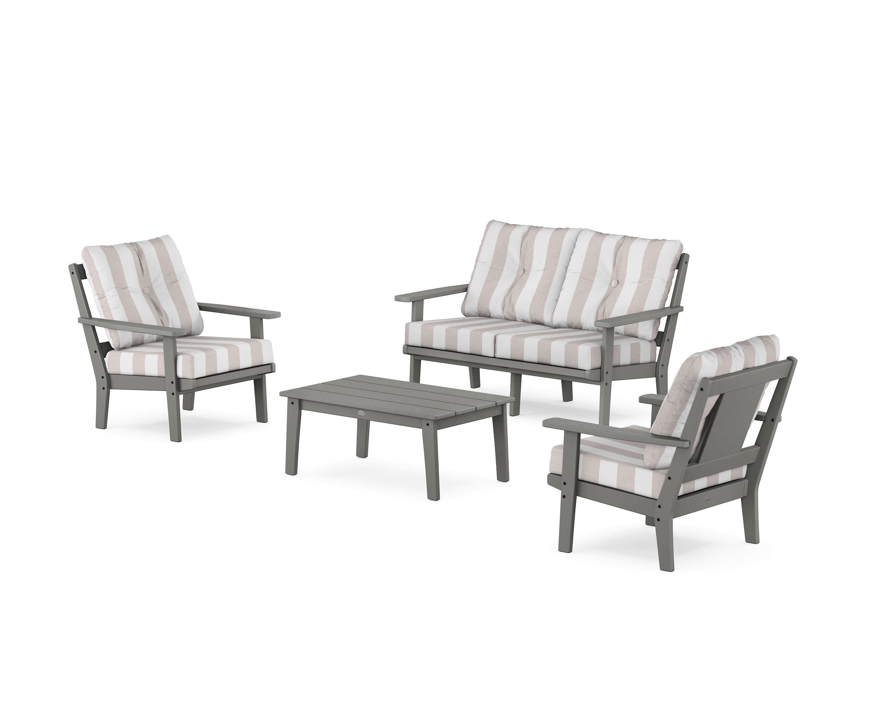POLYWOOD® Prairie 4-Piece Deep Seating Set with Loveseat in Slate Grey / Cabana Stripe Dune Burlap