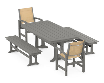 POLYWOOD® Coastal 5-Piece Dining Set with Trestle Legs and Benches in Slate Grey / Dupioni Apricot Sling