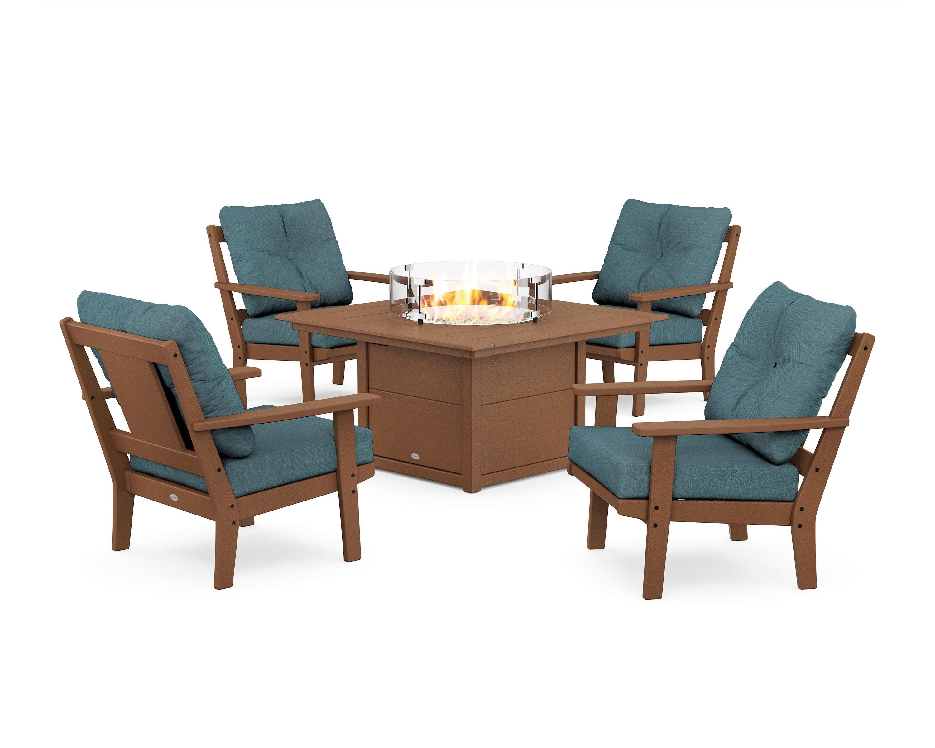 POLYWOOD® Prairie 5-Piece Deep Seating Set with Fire Pit Table in Teak / Ocean Teal