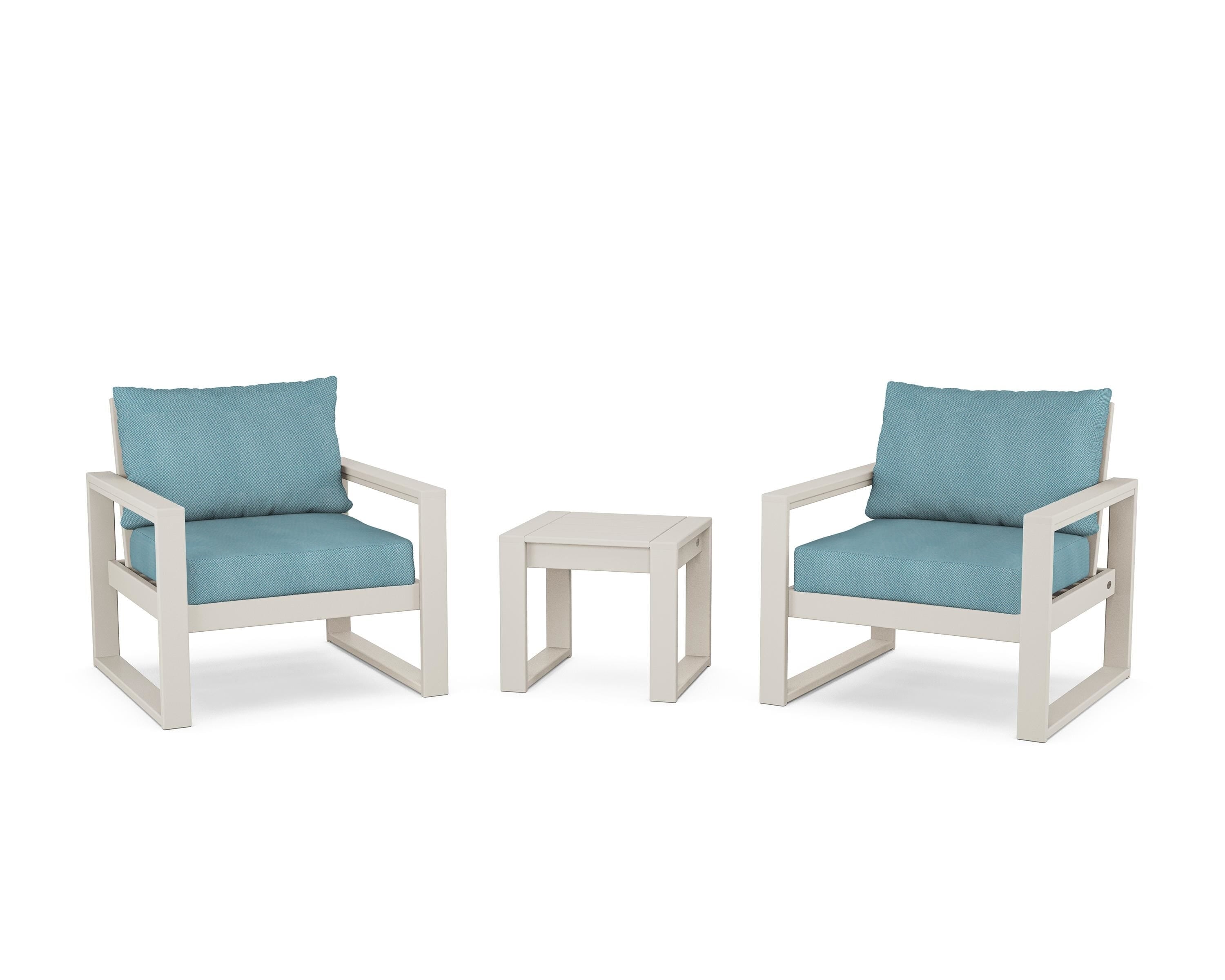 POLYWOOD® EDGE Sectional 3-Piece Deep Seating Set in Sand / Lattice Sky Blue