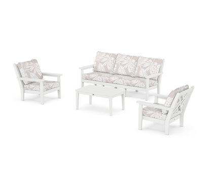 POLYWOOD® Chippendale 4-Piece Deep Seating Set with Sofa in White / Leaf Dune Burlap