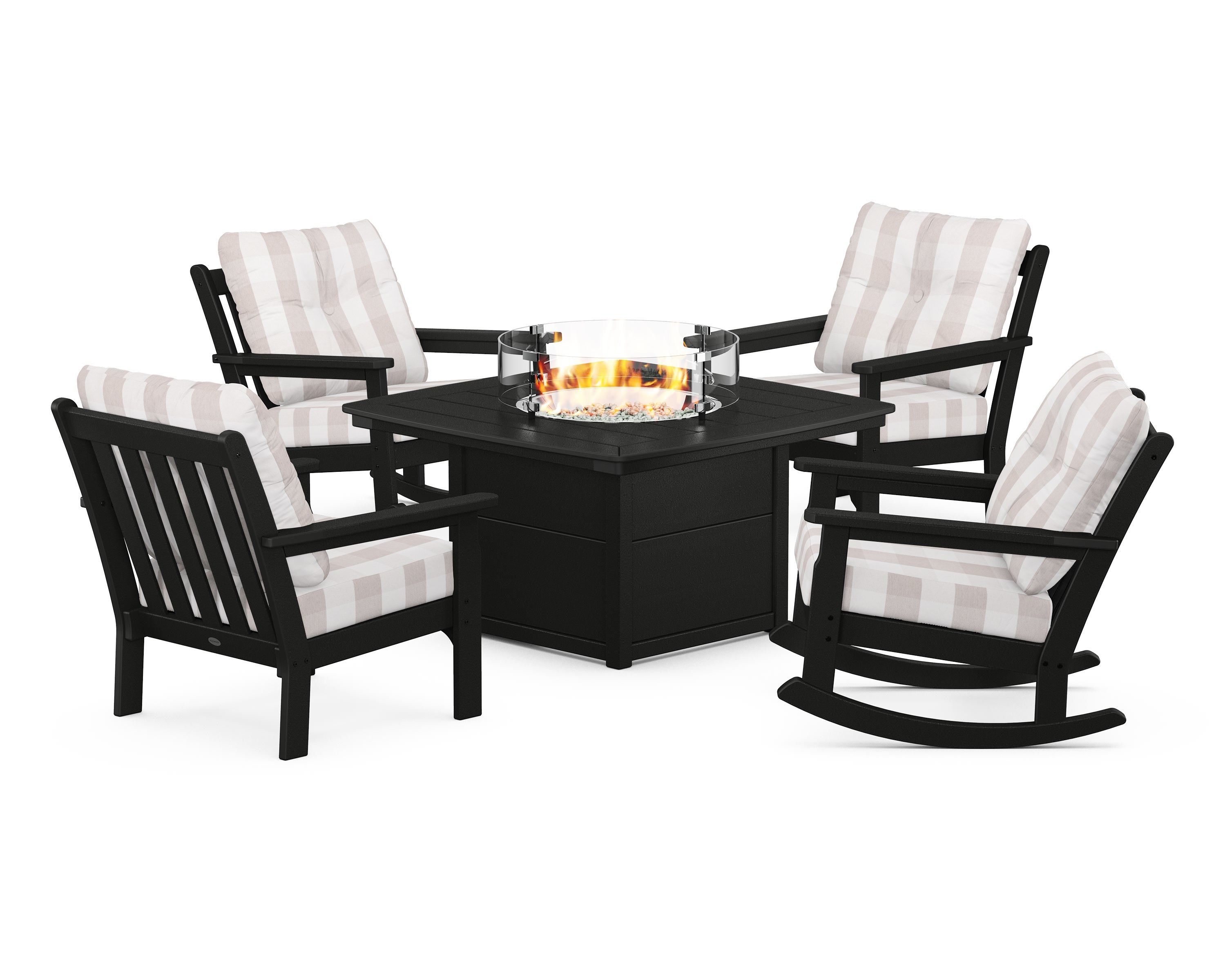POLYWOOD® Vineyard 5-Piece Deep Seating Rocking Chair Conversation Set with Fire Pit Table in Black / Buffalo Plaid Dune Burlap