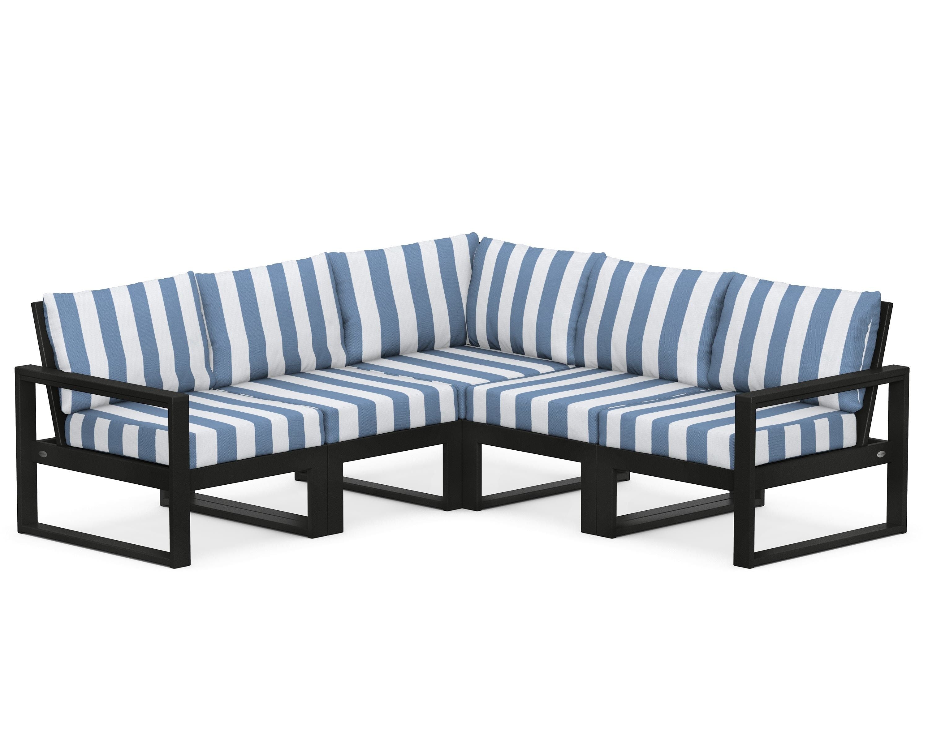 POLYWOOD® EDGE 5-Piece Modular Deep Seating Set in Black / Cabana Stripe Sky Blue