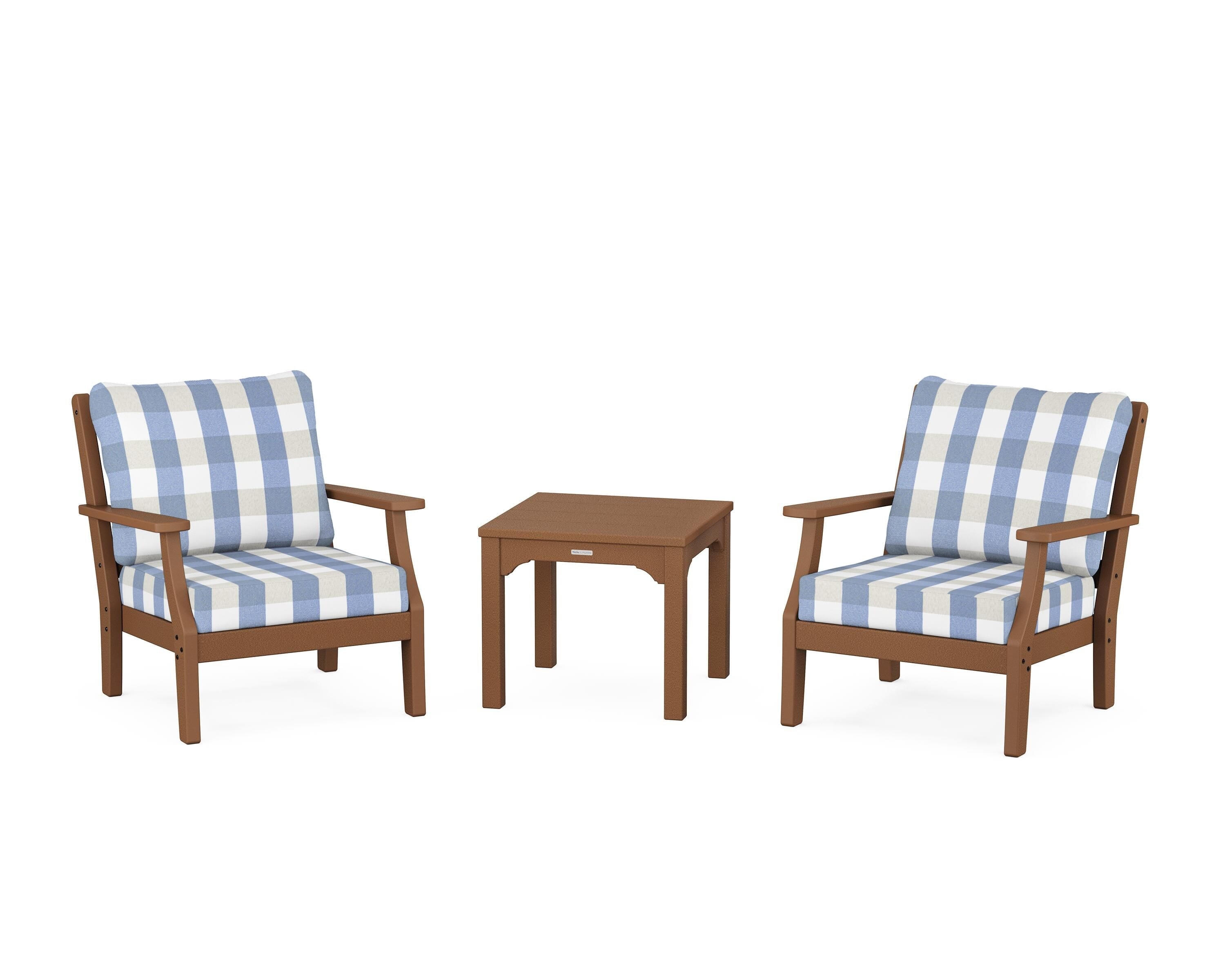 Martha Stewart by POLYWOOD® Chinoiserie 3-Piece Deep Seating Set in Teak / Buffalo Plaid Sky Blue