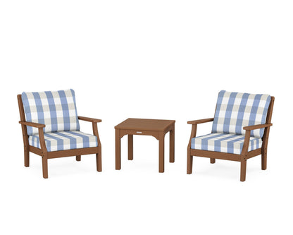 Martha Stewart by POLYWOOD® Chinoiserie 3-Piece Deep Seating Set in Teak / Buffalo Plaid Sky Blue