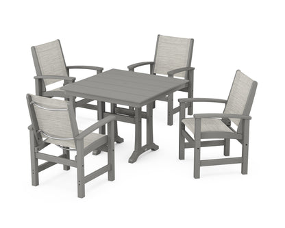 POLYWOOD® Coastal 5-Piece Farmhouse Dining Set With Trestle Legs in Slate Grey / Birch Sling