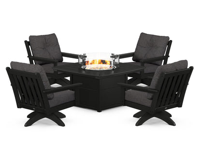 POLYWOOD® Vineyard 5-Piece Deep Seating Swivel Conversation Set with Fire Pit Table in Black / Ash Charcoal