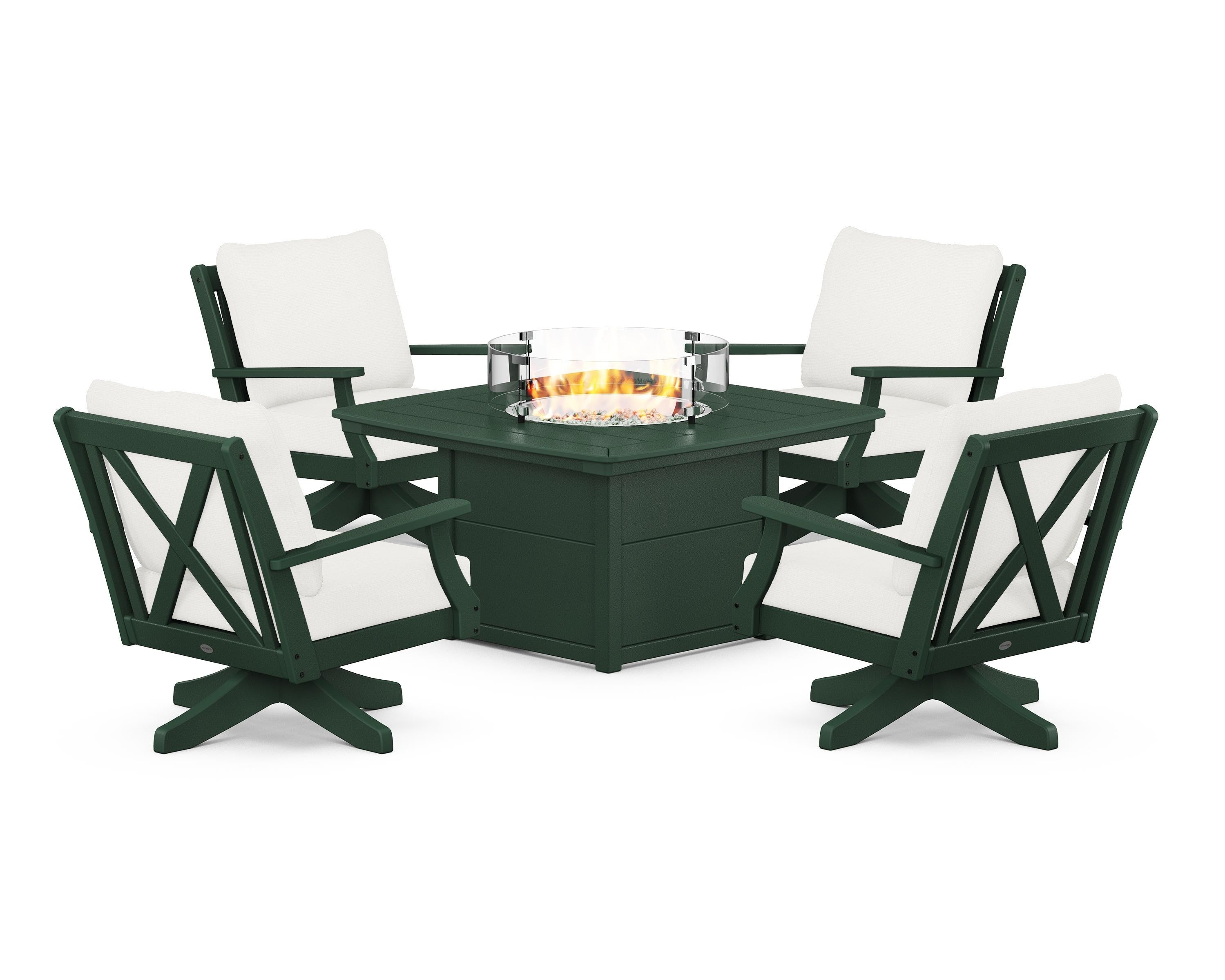 POLYWOOD® Braxton 5-Piece Deep Seating Swivel Conversation Set with Fire Pit Table in Green / Natural Linen