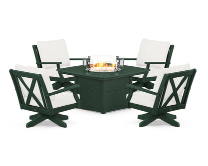 POLYWOOD® Braxton 5-Piece Deep Seating Swivel Conversation Set with Fire Pit Table in Green / Natural Linen