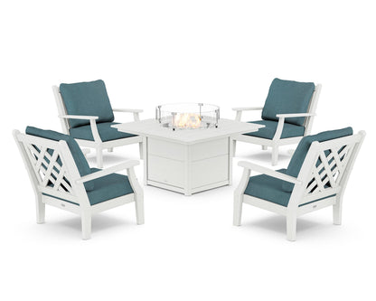 Country Living Wovendale 5-Piece Deep Seating Set with Fire Pit Table in White / Ocean Teal