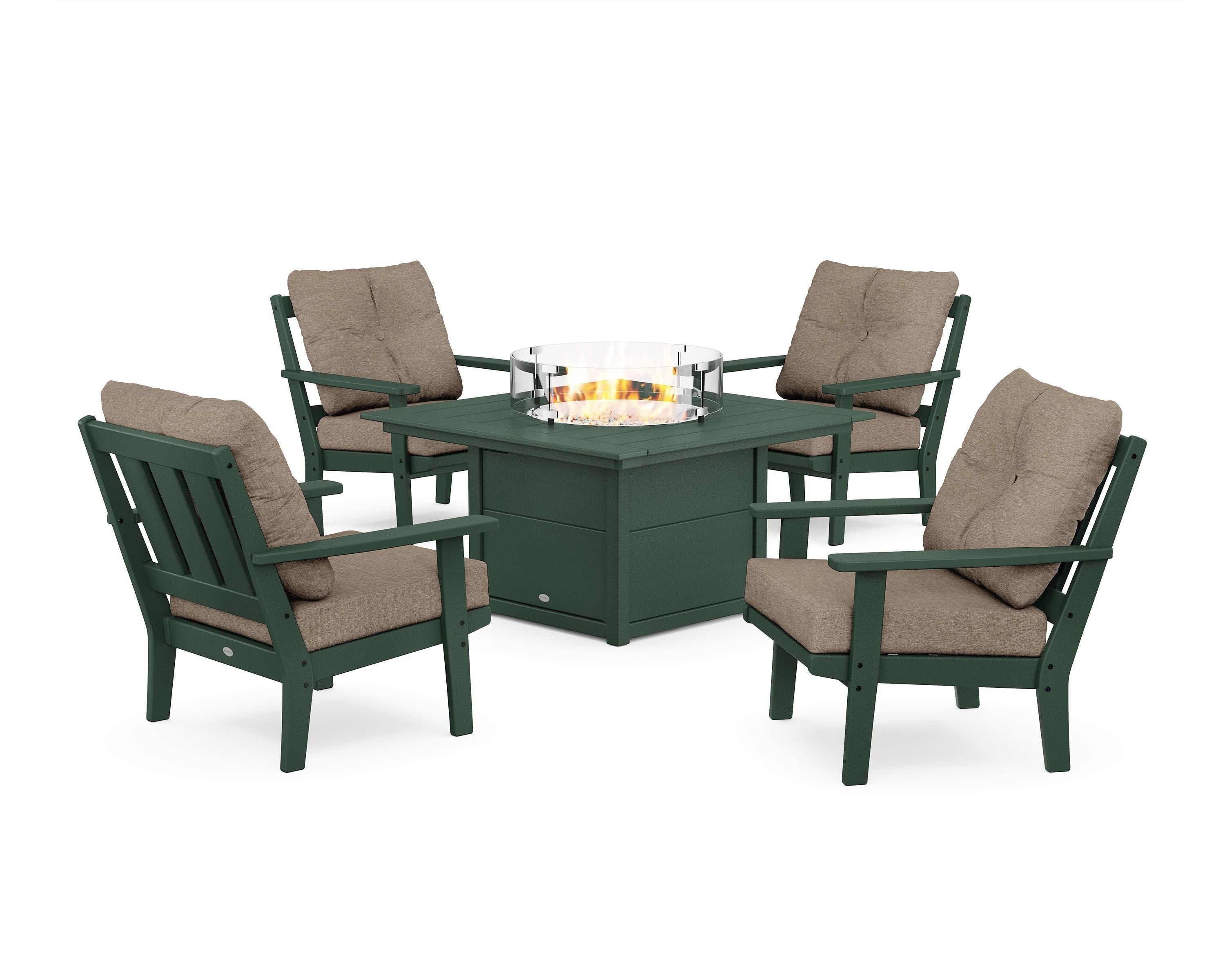 POLYWOOD® Oxford 5-Piece Deep Seating Set with Fire Pit Table in Green / Spiced Burlap