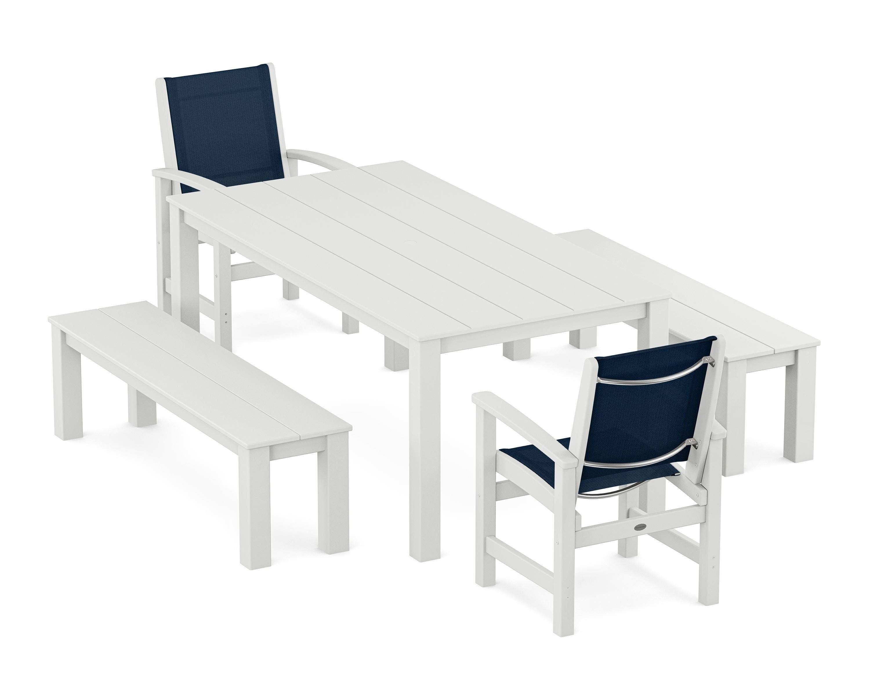 POLYWOOD® Coastal 5-Piece Parsons Dining Set with Benches in White / Navy Blue Sling