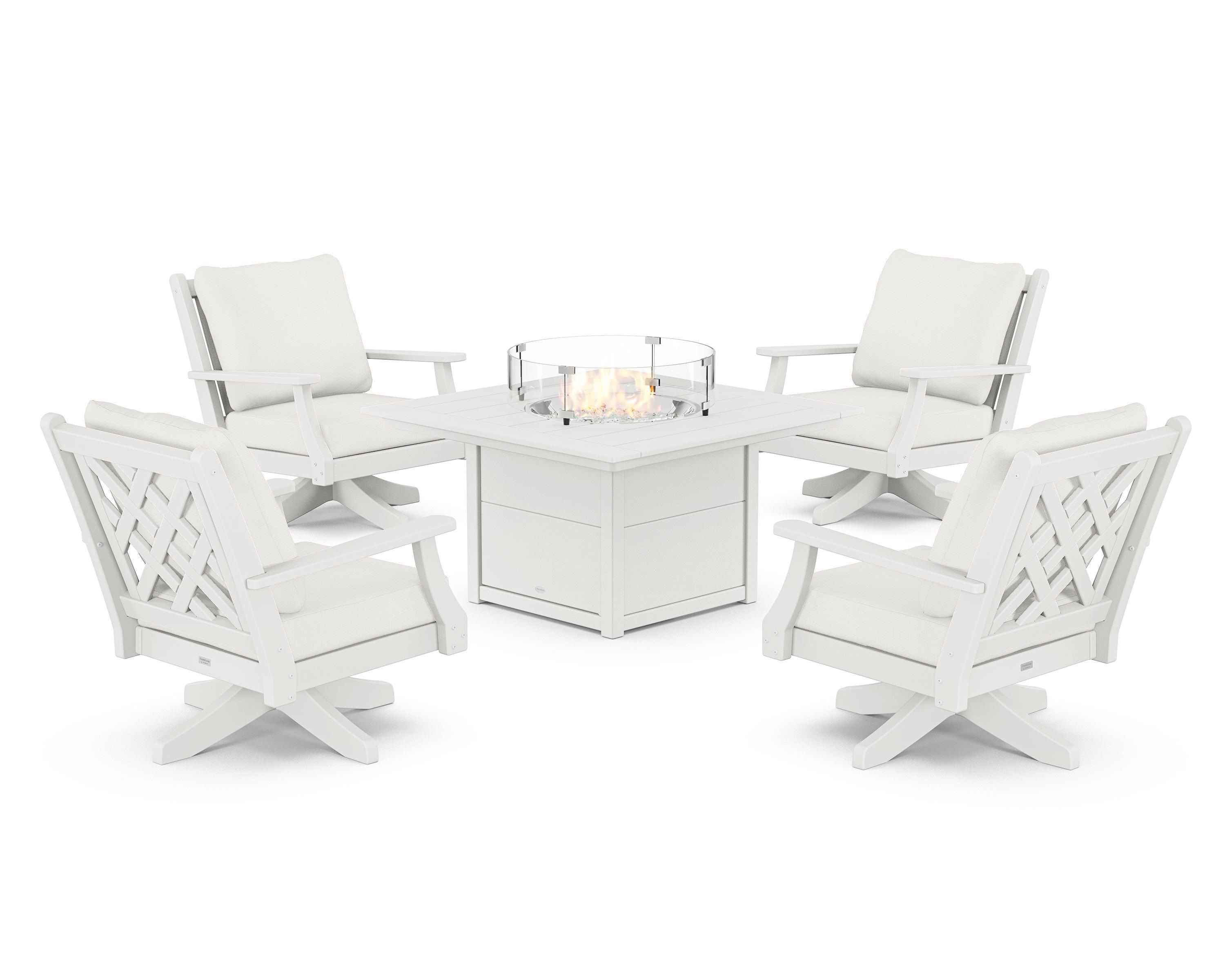 Country Living Wovendale 5-Piece Deep Seating Swivel Conversation Set with Fire Pit Table in White / Natural Linen
