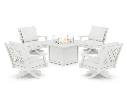 Country Living Wovendale 5-Piece Deep Seating Swivel Conversation Set with Fire Pit Table in White / Natural Linen