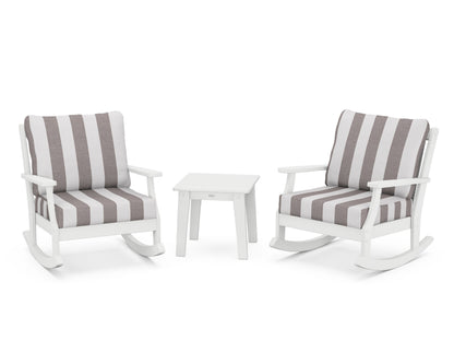 POLYWOOD® Braxton 3-Piece Deep Seating Rocker Set in White / Cabana Stripe Grey Mist