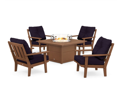 POLYWOOD® Oxford 5-Piece Deep Seating Set with Fire Pit Table in Teak / Navy Linen