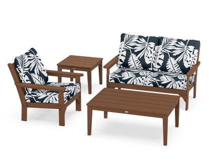 POLYWOOD® Vineyard 4-Piece Deep Seating Set in Teak / Leaf Marine Indigo