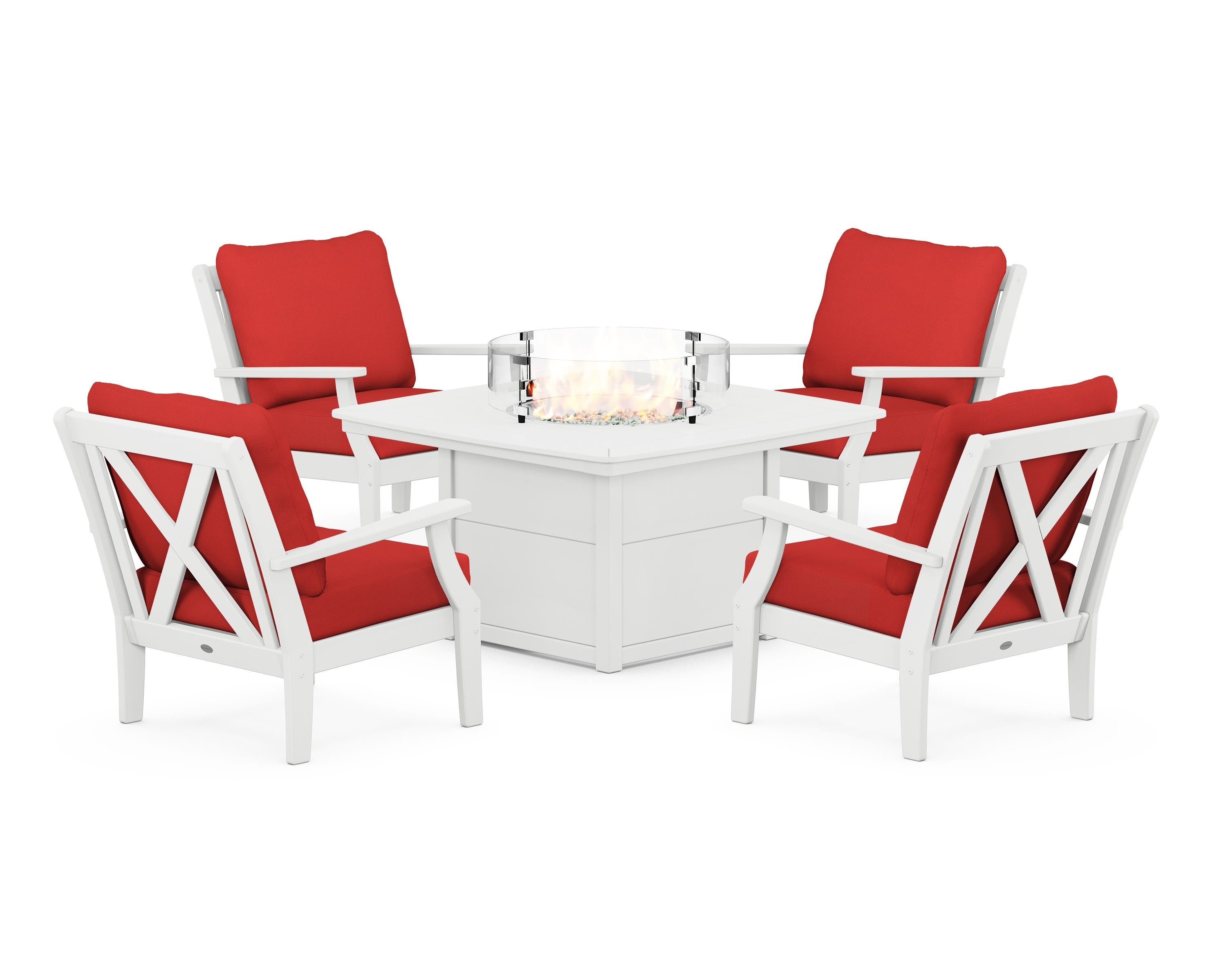 POLYWOOD® Braxton 5-Piece Deep Seating Conversation Set with Fire Pit Table in White / Crimson Linen