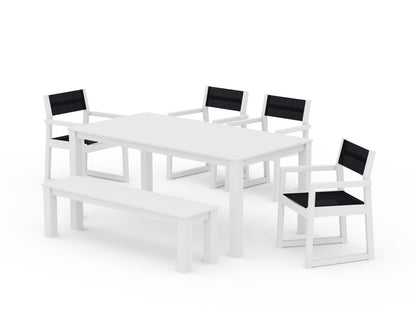 POLYWOOD® EDGE Sling Arm Chair 6-Piece Parsons Dining Set with Bench in White / Black Sling