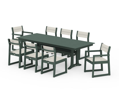 POLYWOOD® EDGE Sling 9-Piece Farmhouse Trestle Dining Set in Green / Parchment Sling