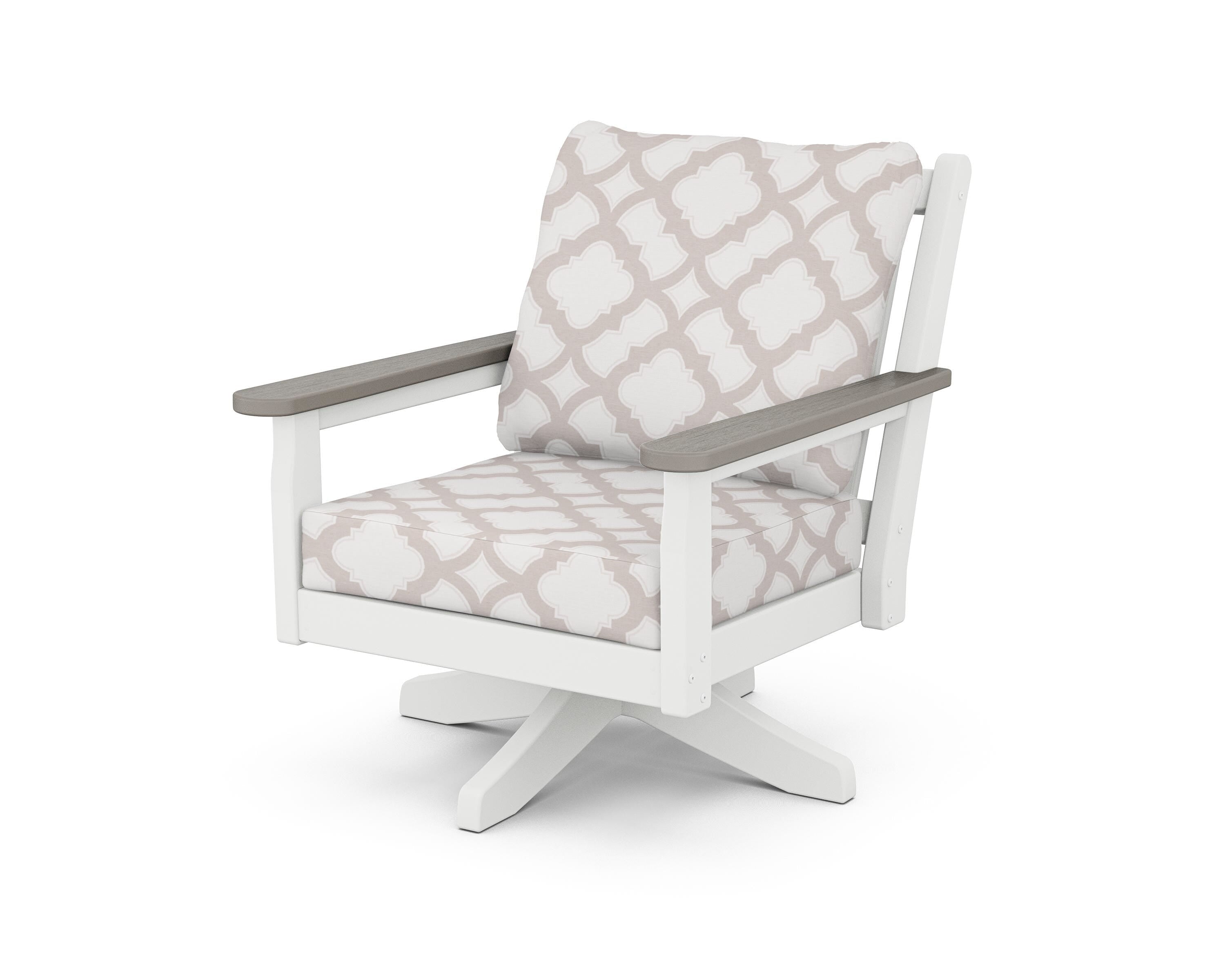 POLYWOOD® Chippendale Deep Seating Swivel Chair in White / Driftwood / Trellis Dune Burlap
