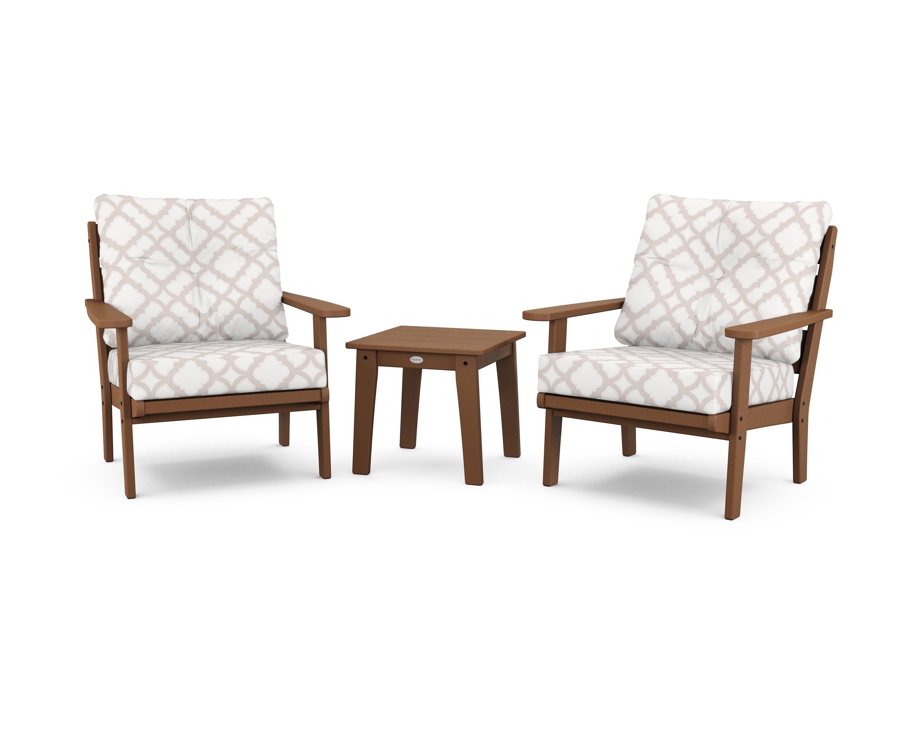 POLYWOOD® Lakeside 3-Piece Deep Seating Chair Set in Teak / Trellis Dune Burlap