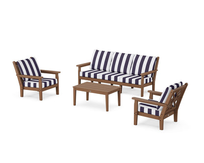 POLYWOOD® Chippendale 4-Piece Deep Seating Set with Sofa in Teak / Cabana Stripe Navy