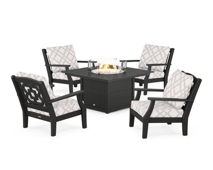 Martha Stewart by POLYWOOD® Chinoiserie 5-Piece Deep Seating Set with Fire Pit Table in Black / Trellis Dune Burlap