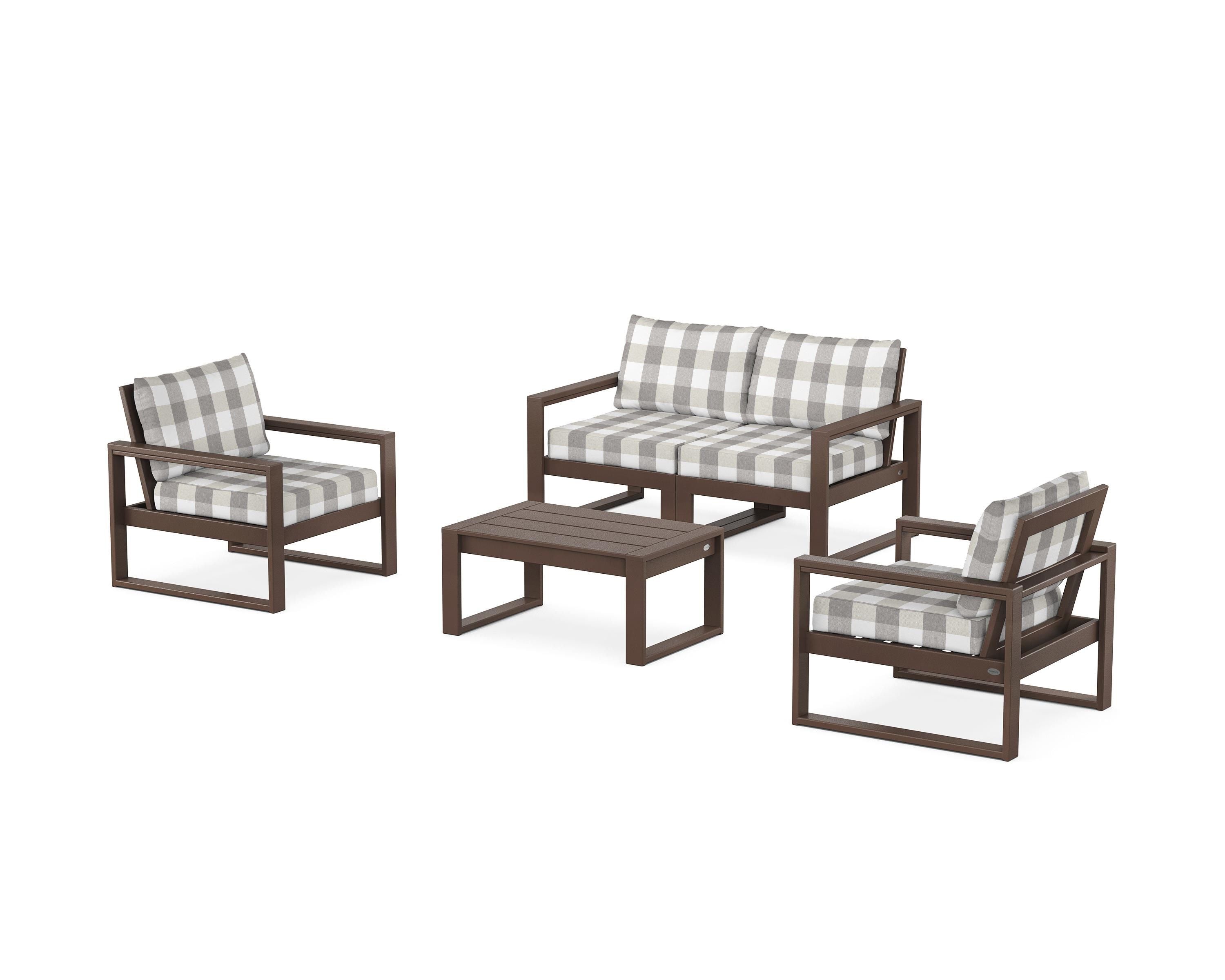 POLYWOOD® EDGE Sectional 4-Piece Deep Seating Set with Loveseat in Mahogany / Buffalo Plaid Grey Mist