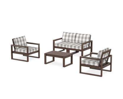 POLYWOOD® EDGE Sectional 4-Piece Deep Seating Set with Loveseat in Mahogany / Buffalo Plaid Grey Mist