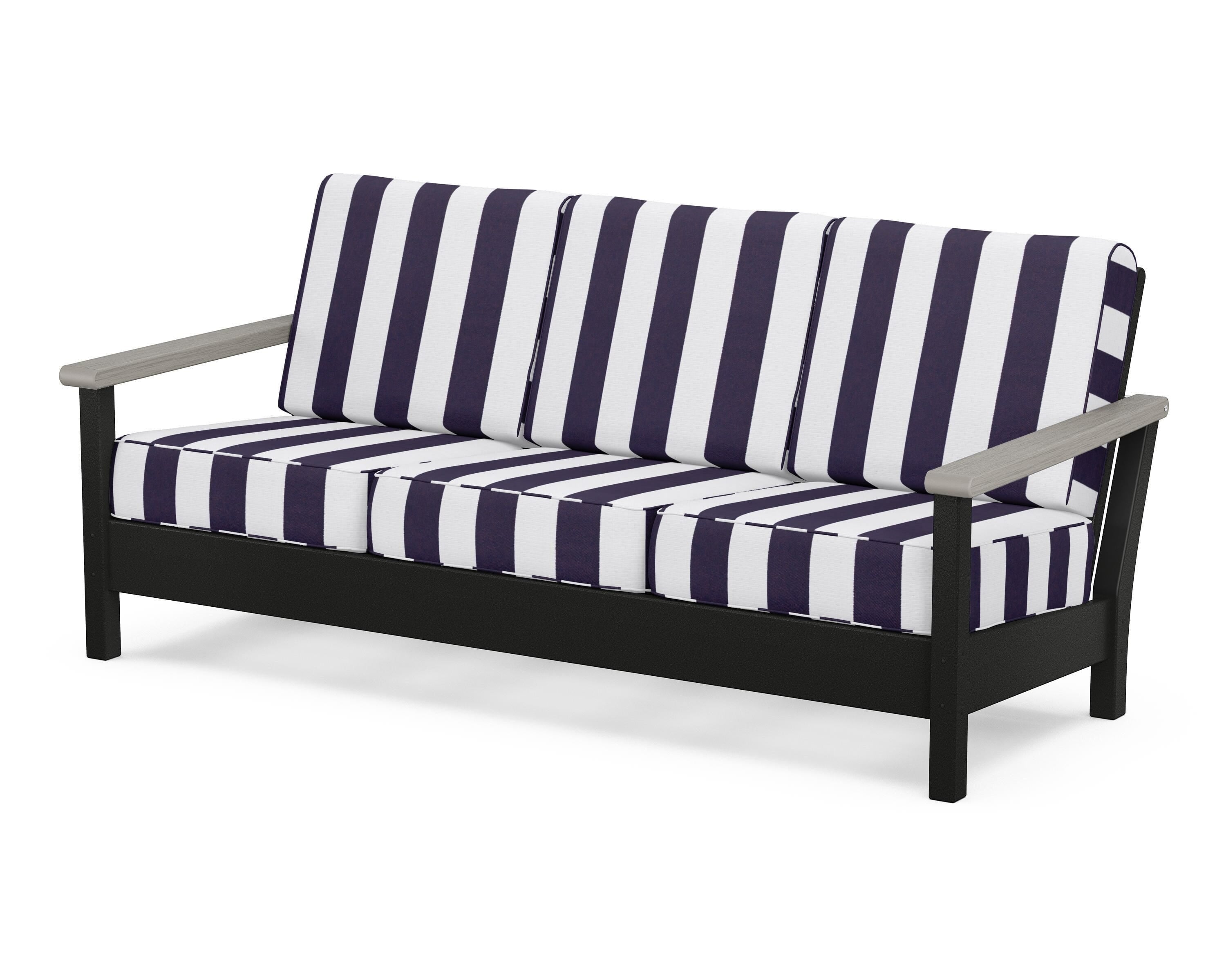 POLYWOOD® Harbour Deep Seating Sofa in Black / Driftwood / Cabana Stripe Navy