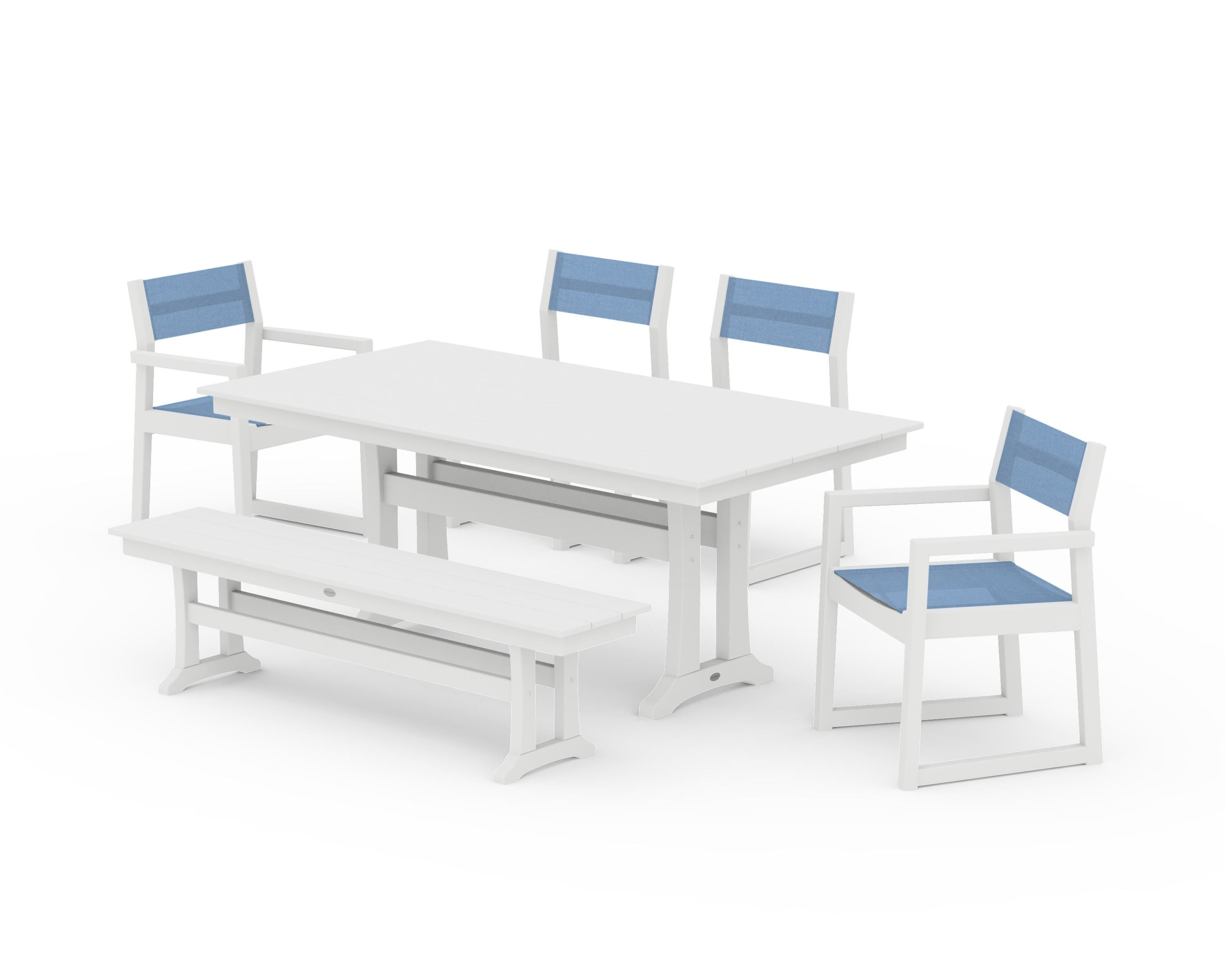 POLYWOOD® EDGE Sling 6-Piece Farmhouse Dining Set With Trestle Legs in White / Poolside Sling