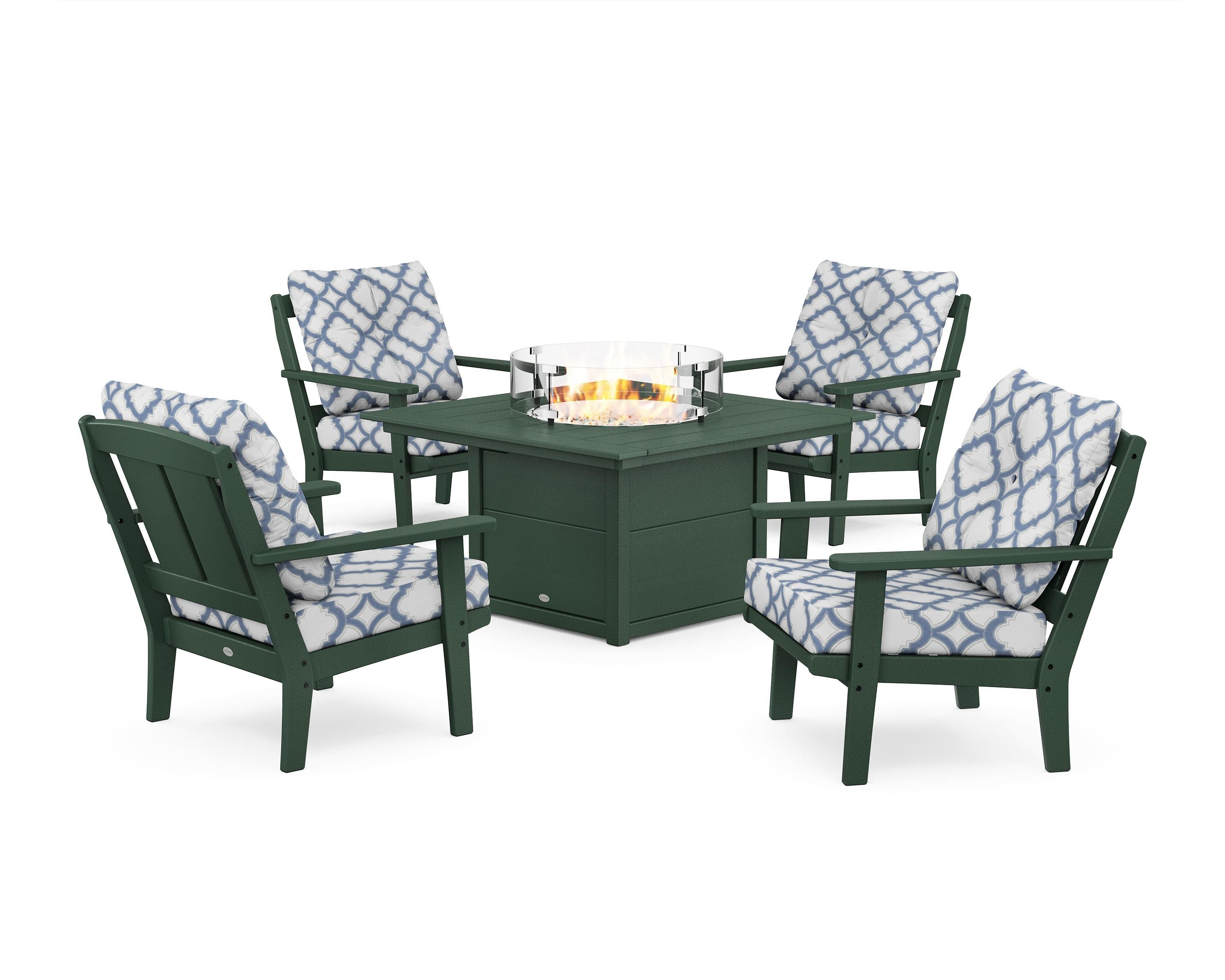 POLYWOOD® Mission 5-Piece Deep Seating Set with Fire Pit Table in Green / Trellis Sky Blue