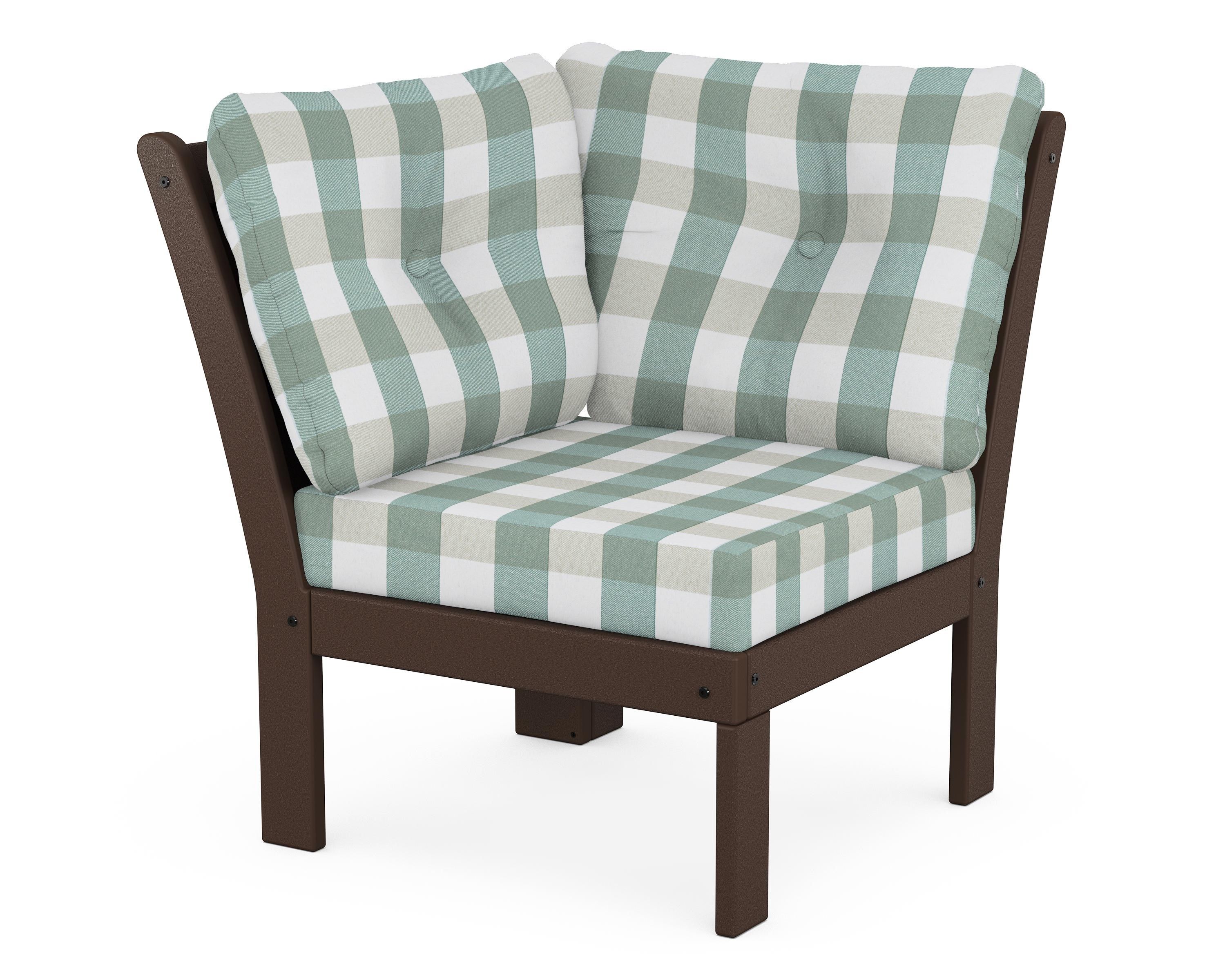 POLYWOOD® Vineyard Modular Corner Chair in Mahogany / Buffalo Plaid Glacier Spa
