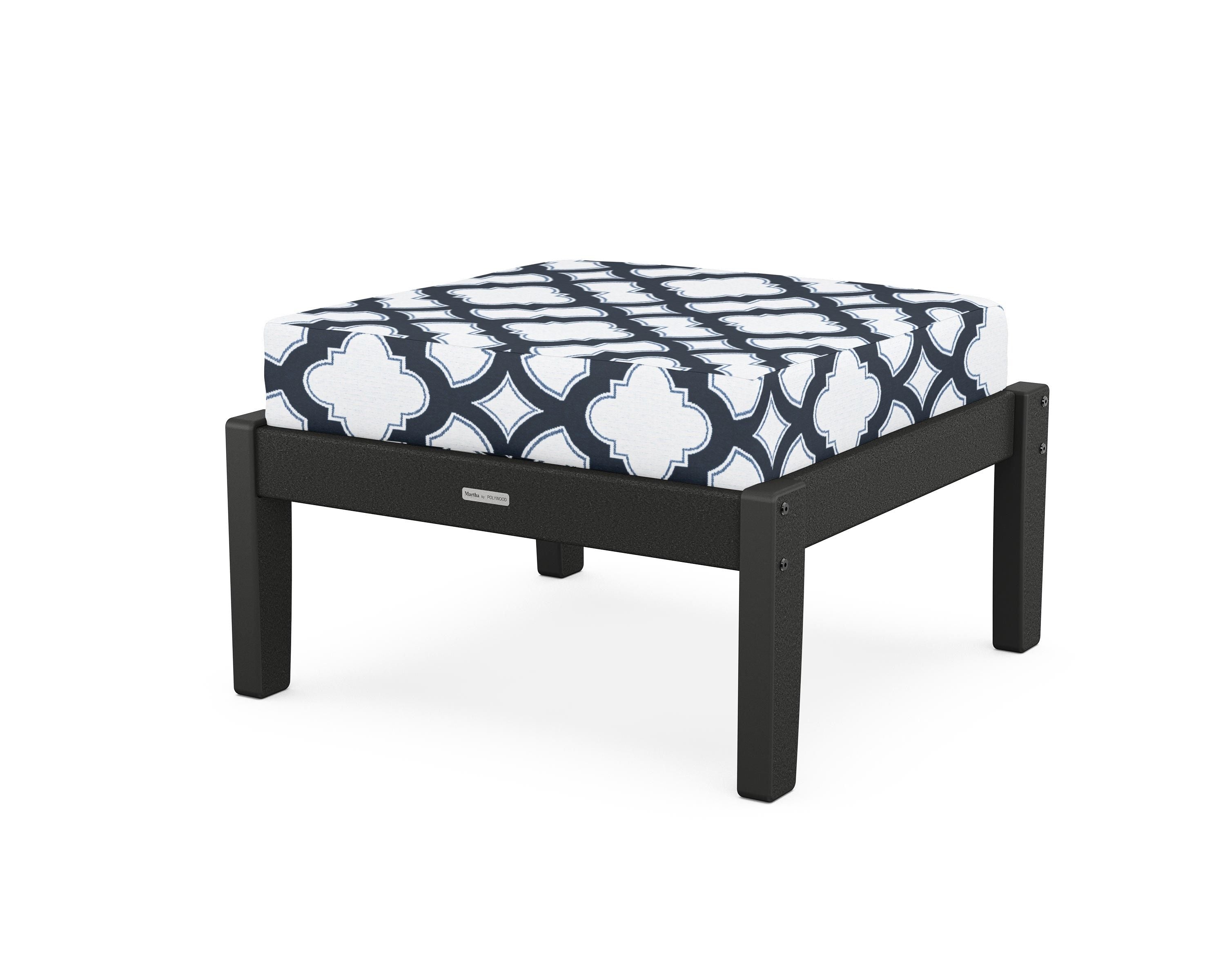 Martha Stewart by POLYWOOD® Chinoiserie Deep Seating Ottoman in Black / Trellis Marine Indigo