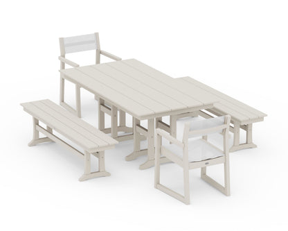 POLYWOOD® EDGE Sling Arm Chair 5-Piece Farmhouse Dining Set with Benches in Sand / White Sling