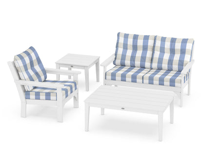 POLYWOOD® Vineyard 4-Piece Deep Seating Set in White / Buffalo Plaid Sky Blue