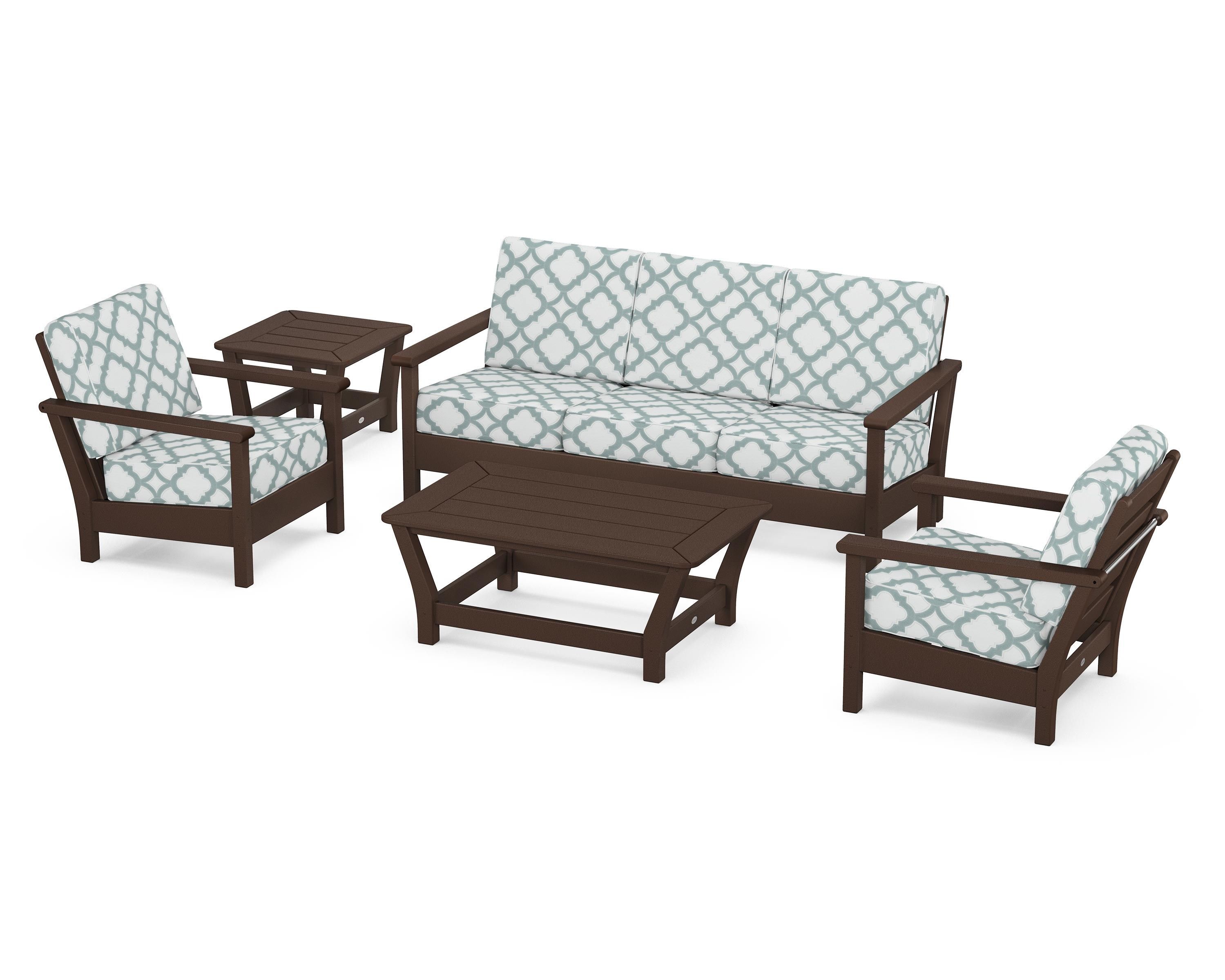 POLYWOOD® Harbour 5-Piece Deep Seating Set in Mahogany / Trellis Glacier Spa