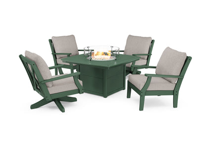 POLYWOOD® Braxton 5-Piece Deep Seating Set with Fire Table in Green / Weathered Tweed
