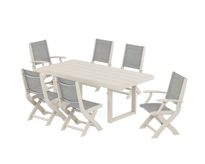 POLYWOOD® Coastal Folding Chair 7-Piece Dining Set with Trestle Legs in Sand / Metallic Sling