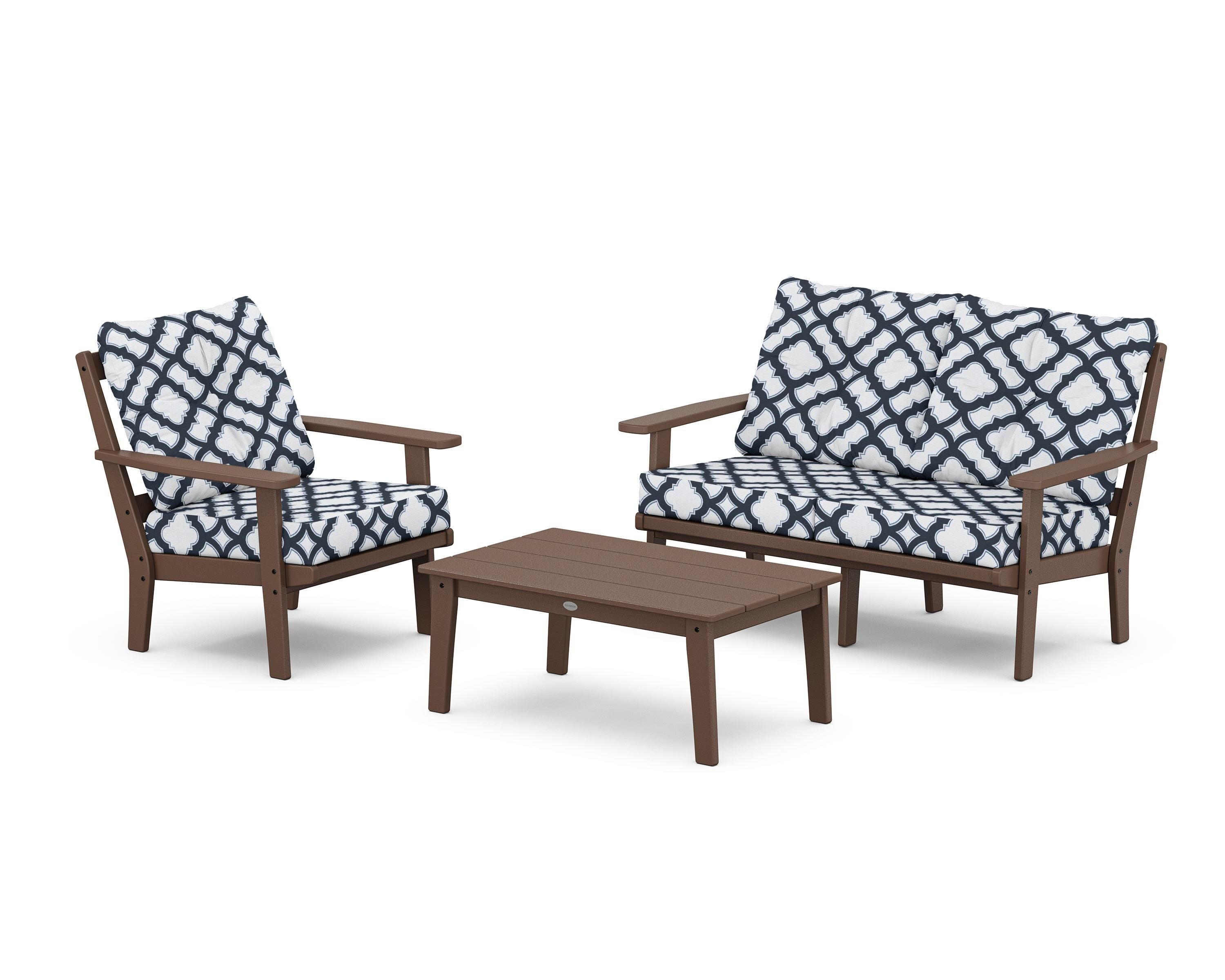 POLYWOOD® Oxford 3-Piece Deep Seating Set with Loveseat in Mahogany / Trellis Marine Indigo